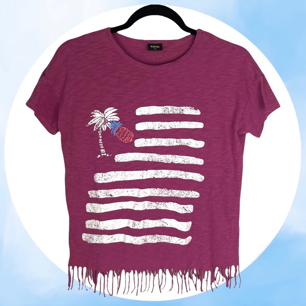 Korean Bluetail Pink Fringe Pineapple Palm Tree Graphic Short Sleeve Shirt 8 10